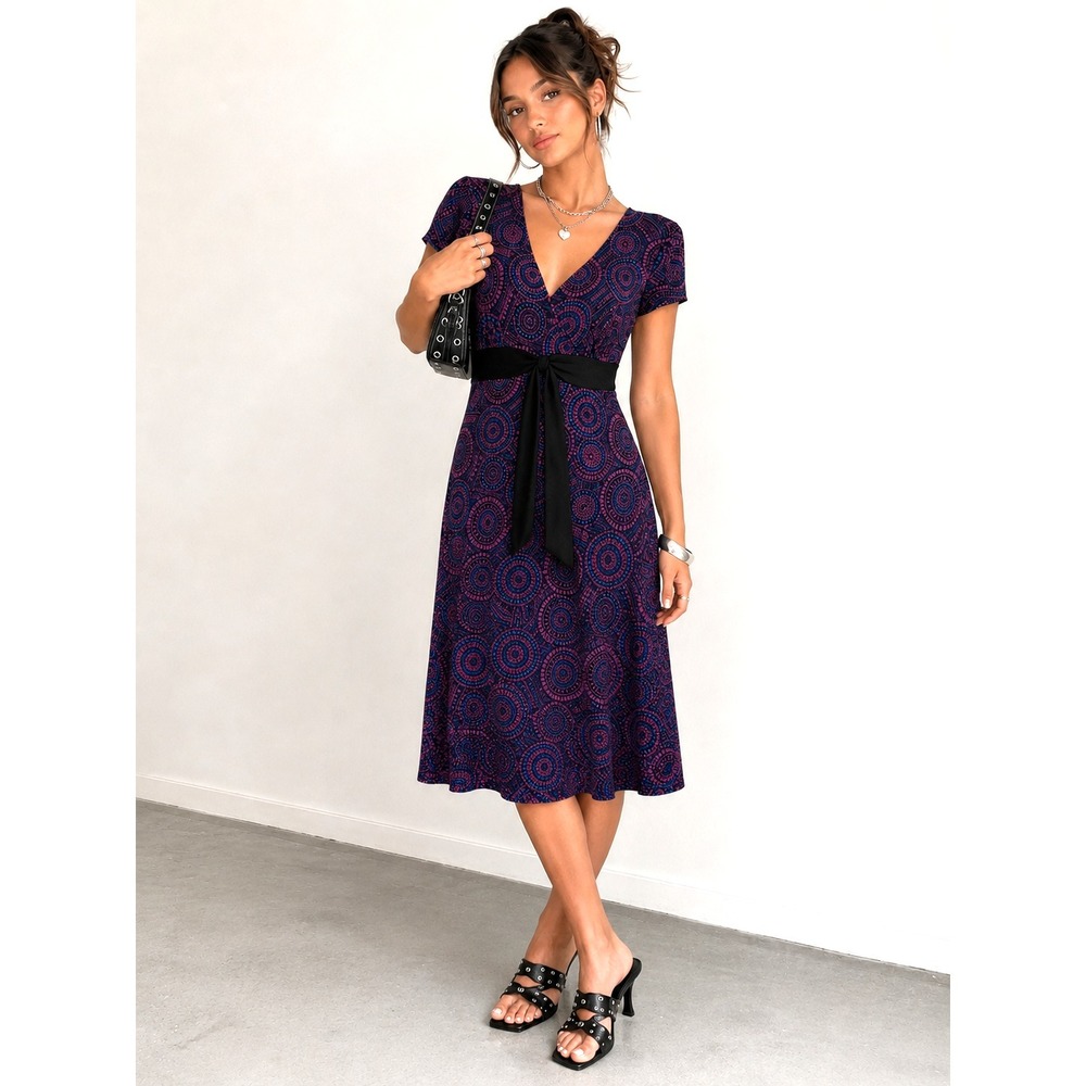 Vintage Y2K London Times Circle Geometric V Neck Brown Fit & Flare Wrap Dress‎ 8